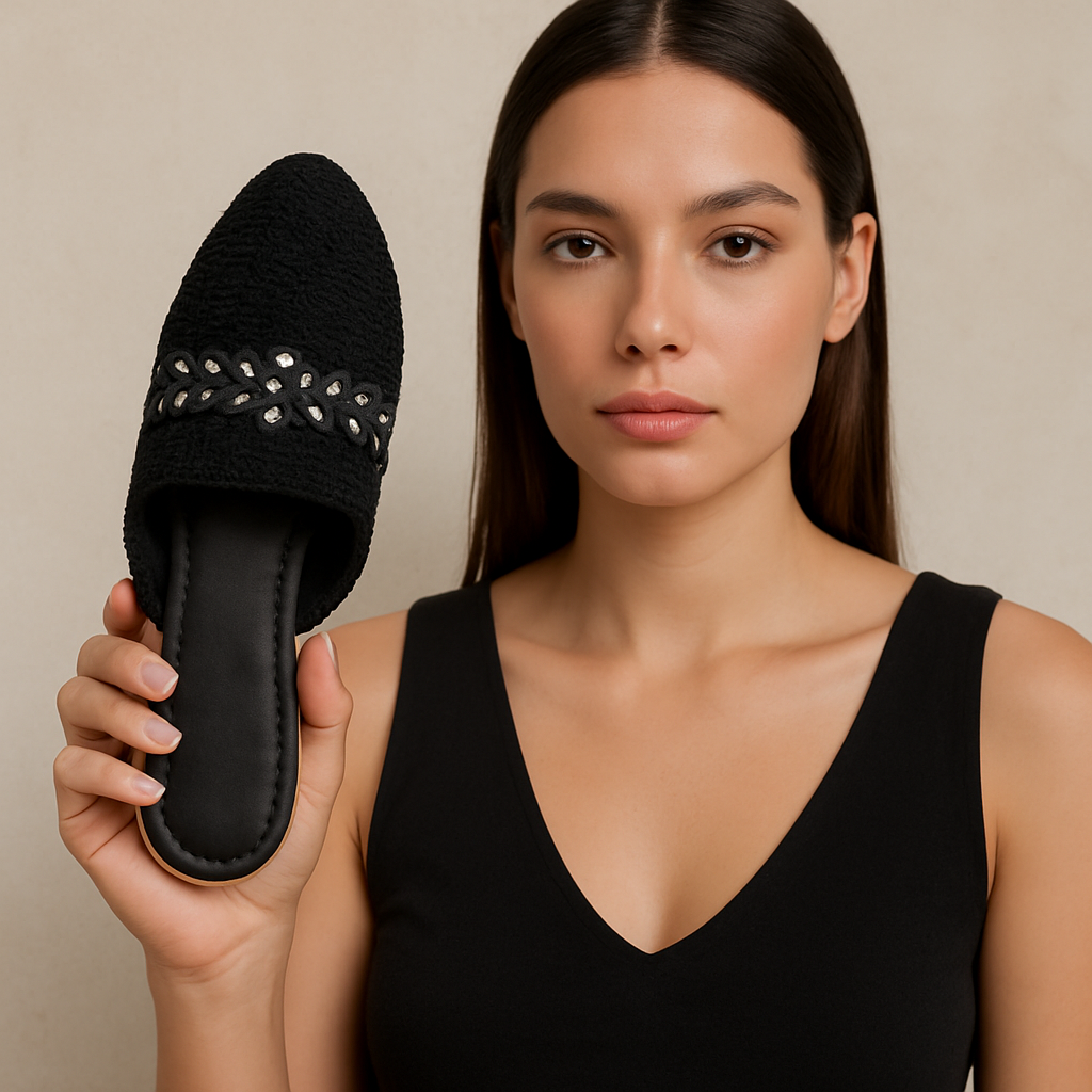 Siyah Taş Detaylı Kadın Örgü Terlik - Görsel 2