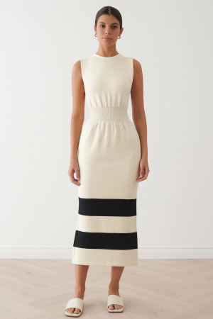 Şerit Detaylı Kolsuz Triko Elbise