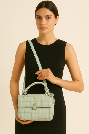 Mint Yeşili Ekose Desenli Omuz & El Çantası