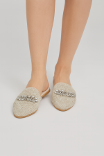 Taş Detaylı Krem Örgü Kadın Terlik