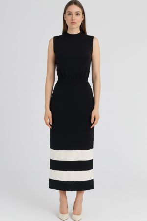 Siyah Çizgi Detaylı Kolsuz Triko Elbise