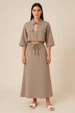 Bej Crop Gömlek & Uzun Etek İkili Takım