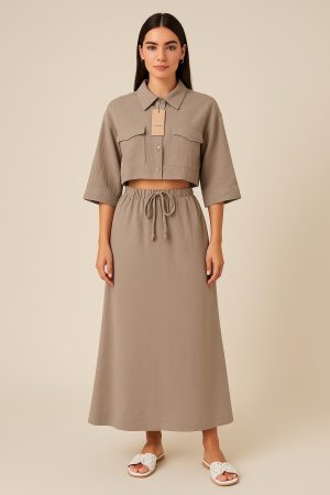 Bej Crop Gömlek & Uzun Etek İkili Takım
