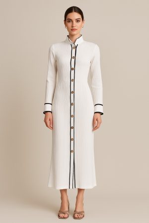 Monaco Siyah Biyeli Beyaz Elbise