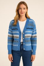 Nordik Esinti Desenli Mavi Hırka