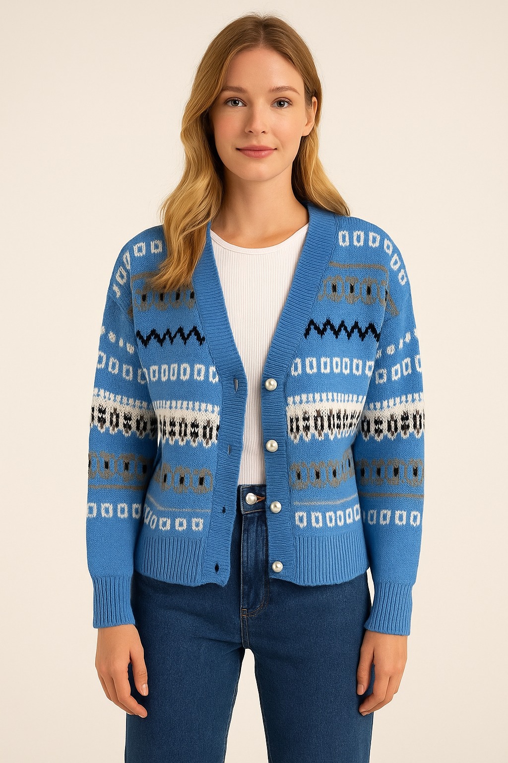 Nordik Esinti Desenli Mavi Hırka