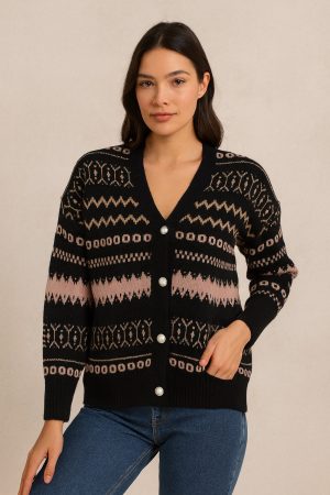 Siyah-Pudra Desenli Hırka