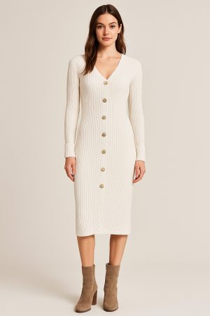 Taş Düğmeli Triko Elbise (Açık Bej)