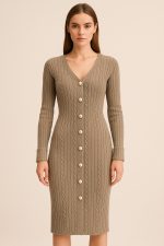 Taş Düğmeli Triko Elbise (Koyu Bej)