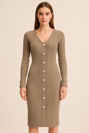 Taş Düğmeli Triko Elbise (Koyu Bej)
